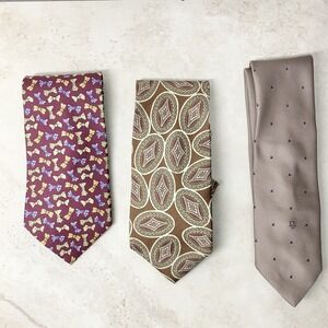 Christian Dior Mens Tie Lot 3 Piece Silk Red Brown Printed Neckties